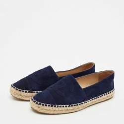 Pre Owned Chanel Navy Blue Suede CC Cap Toe Espadrille Flats Size 39