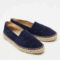 Pre Owned Chanel Navy Blue Suede CC Cap Toe Espadrille Flats Size 39