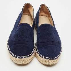 Pre Owned Chanel Navy Blue Suede CC Cap Toe Espadrille Flats Size 39