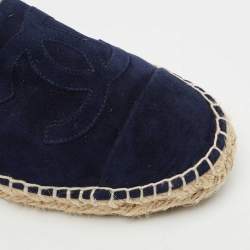 Pre Owned Chanel Navy Blue Suede CC Cap Toe Espadrille Flats Size 39