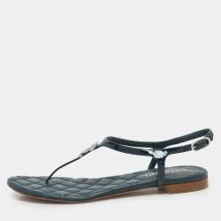 Chanel Blue Patent Leather Embellished CC Flat Sandals Size 37.5