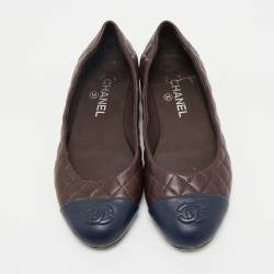 Chanel Blue/Burgundy Leather CC Cap Toe Bow Ballet Flats Size 38.5