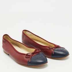 Pre Owned Chanel Navy Blue/Red Leather CC Cap Toe Bow Ballet Flats Size 38