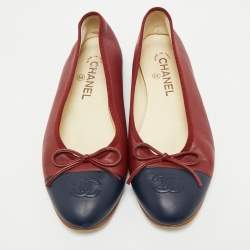 Pre Owned Chanel Navy Blue/Red Leather CC Cap Toe Bow Ballet Flats Size 38