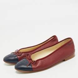 Pre Owned Chanel Navy Blue/Red Leather CC Cap Toe Bow Ballet Flats Size 38