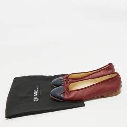 Pre Owned Chanel Navy Blue/Red Leather CC Cap Toe Bow Ballet Flats Size 38