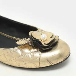 Chanel Gold Leather Camelia CC Ballet Flats Size 37.5