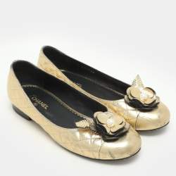 Chanel Gold Leather Camelia CC Ballet Flats Size 37.5