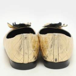 Chanel Gold Leather Camelia CC Ballet Flats Size 37.5