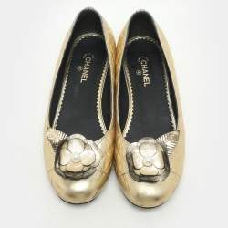 Chanel Gold Leather Camelia CC Ballet Flats Size 37.5