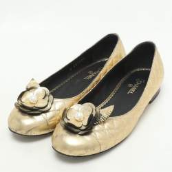 Chanel Gold Leather Camelia CC Ballet Flats Size 37.5