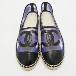 Chanel Purple/Black Mesh and Leather Interlocking CC Espadrille Flats Size 39