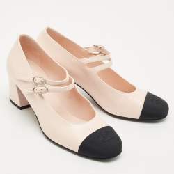 Pre Owned Chanel Pink/Black Leather and Grosgrain Cap Toe Mary Jane Pumps Size 38