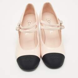 Pre Owned Chanel Pink/Black Leather and Grosgrain Cap Toe Mary Jane Pumps Size 38