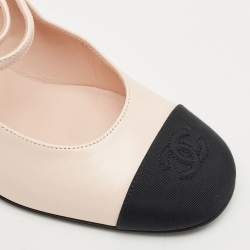 Pre Owned Chanel Pink/Black Leather and Grosgrain Cap Toe Mary Jane Pumps Size 38