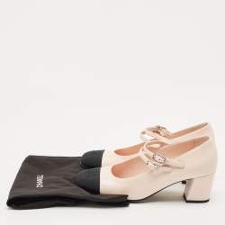 Pre Owned Chanel Pink/Black Leather and Grosgrain Cap Toe Mary Jane Pumps Size 38