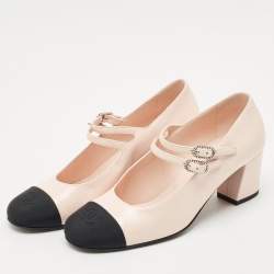 Pre Owned Chanel Pink/Black Leather and Grosgrain Cap Toe Mary Jane Pumps Size 38