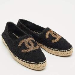 Pre Owned Chanel Black/Gold Tweed CC Cap Toe Espadrille Flats Size 39