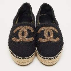 Pre Owned Chanel Black/Gold Tweed CC Cap Toe Espadrille Flats Size 39