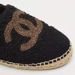 Pre Owned Chanel Black/Gold Tweed CC Cap Toe Espadrille Flats Size 39