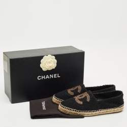 Pre Owned Chanel Black/Gold Tweed CC Cap Toe Espadrille Flats Size 39