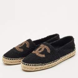 Pre Owned Chanel Black/Gold Tweed CC Cap Toe Espadrille Flats Size 39