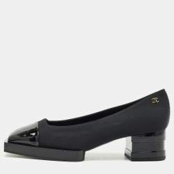Chanel Black Patent Leather and Canvas Square Cap Toe CC Block Heel Pumps Size 38