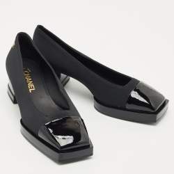 Chanel Black Patent Leather and Canvas Square Cap Toe CC Block Heel Pumps Size 38