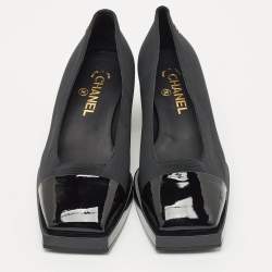 Chanel Black Patent Leather and Canvas Square Cap Toe CC Block Heel Pumps Size 38