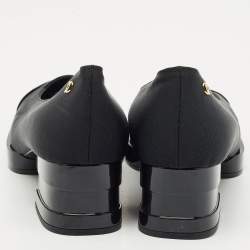 Chanel Black Patent Leather and Canvas Square Cap Toe CC Block Heel Pumps Size 38