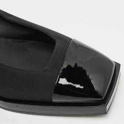 Chanel Black Patent Leather and Canvas Square Cap Toe CC Block Heel Pumps Size 38