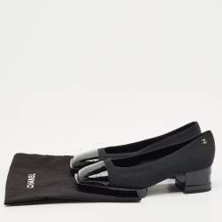 Chanel Black Patent Leather and Canvas Square Cap Toe CC Block Heel Pumps Size 38