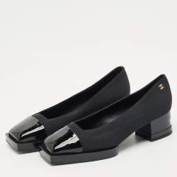 Chanel Black Patent Leather and Canvas Square Cap Toe CC Block Heel Pumps Size 38