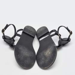 Pre Owned Chanel Black Leather CC Camellia T-Strap Flat Sandals Size 38