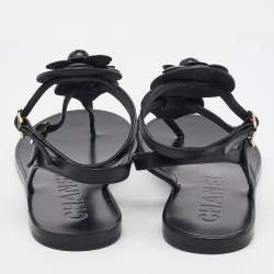 Pre Owned Chanel Black Leather CC Camellia T-Strap Flat Sandals Size 38