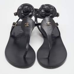 Pre Owned Chanel Black Leather CC Camellia T-Strap Flat Sandals Size 38
