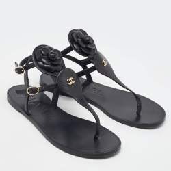 Pre Owned Chanel Black Leather CC Camellia T-Strap Flat Sandals Size 38