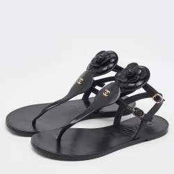 Pre Owned Chanel Black Leather CC Camellia T-Strap Flat Sandals Size 38