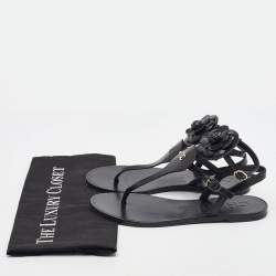 Pre Owned Chanel Black Leather CC Camellia T-Strap Flat Sandals Size 38