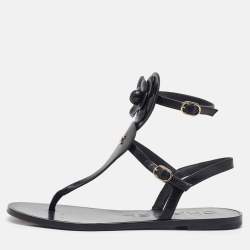 Chanel Black Leather CC Camellia T-Strap Flat Sandals Size 38
