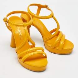 Pre Owned Chanel Yellow Leather Parthenon Grecian Column Platform Sandals Size 36