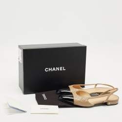 Chanel Beige/Black Patent and Leather CC Cap Toe Slingback Ballet Flats Size 41