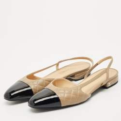 Chanel Beige/Black Patent and Leather CC Cap Toe Slingback Ballet Flats Size 41