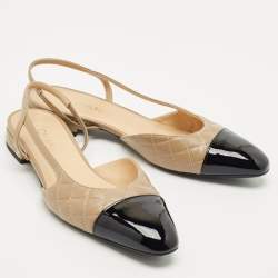 Chanel Beige/Black Patent and Leather CC Cap Toe Slingback Ballet Flats Size 41