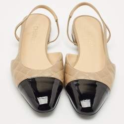 Chanel Beige/Black Patent and Leather CC Cap Toe Slingback Ballet Flats Size 41