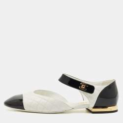Pre Owned Chanel Black/White Quilted Patent and Leather CC Turnlock Ballet Flats Size 41