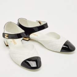 Pre Owned Chanel Black/White Quilted Patent and Leather CC Turnlock Ballet Flats Size 41