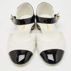 Pre Owned Chanel Black/White Quilted Patent and Leather CC Turnlock Ballet Flats Size 41