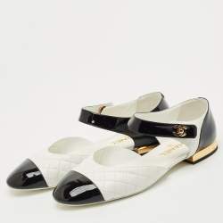 Pre Owned Chanel Black/White Quilted Patent and Leather CC Turnlock Ballet Flats Size 41