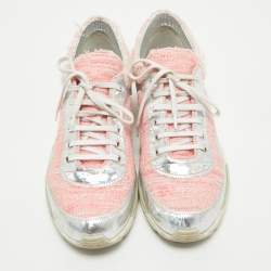 Pre Owned Chanel Pink/Silver Tweed and Holographic Leather Lace Up Sneakers Size 40